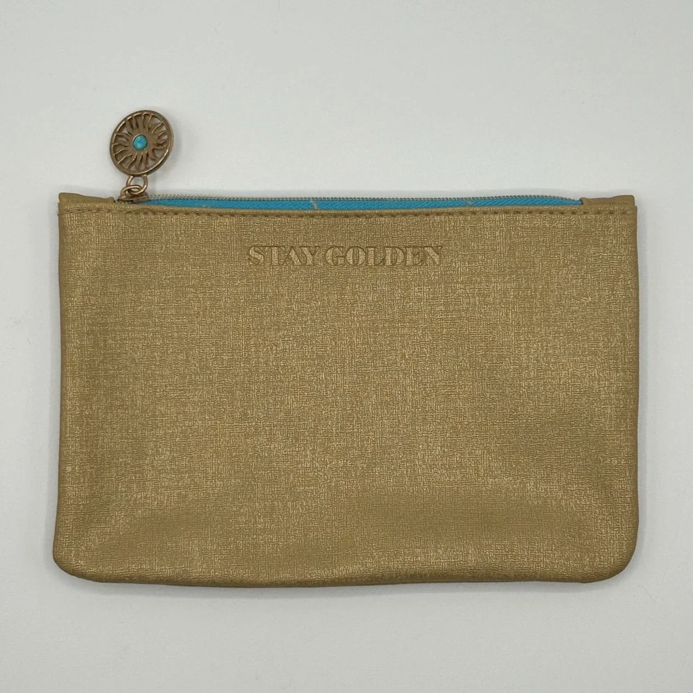 IPSY Stay Golden Cosmetic Makeup Pouch Gold Turquoise Sun Zipper Charm Travel